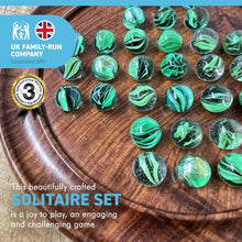 Load image into Gallery viewer, 22cm Diameter WOODEN SOLITAIRE BOARD GAME with LUSH GREEN SWIRL GLASS MARBLES
