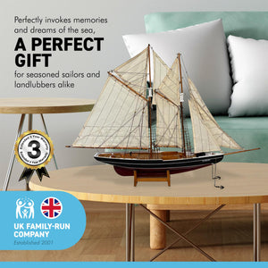 DETAILED WOODEN ASSEMBLED DISPLAY MODEL OF BLUENOSE CANADIAN FISHING RACING SCHOONER YACHT| Ready for display | adjustable rigging blocks sewn cotton sails | Length 80cm height 66cm