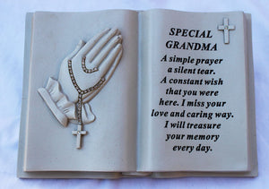 Free standing Special Grandma book shaped memorial with inspirational verse