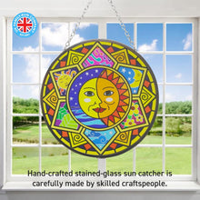 Load image into Gallery viewer, Glass sun catcher with sun and moon design | 150mm diameter with chain for hanging | colour catcher | window decoration | perfect for conservatory | living rooms | garden | garden hanging | suncatcher
