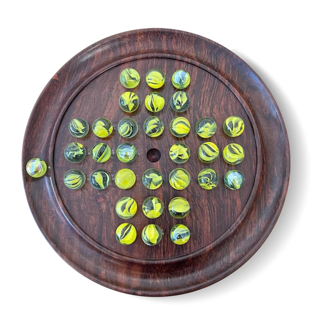 22cm Diameter WOODEN SOLITAIRE BOARD GAME with BRILLIANT YELLOW GLASS MARBLES