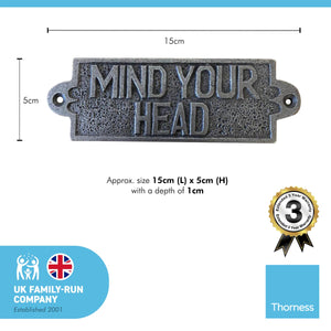 Cast Iron Antique Style MIND YOUR HEAD PLAQUE SIGN | 10cm (L) x 3cm (H) | Perfect for every house which has low beams | CAST METAL LOW BEAM MIND YOUR HEAD SIGN
