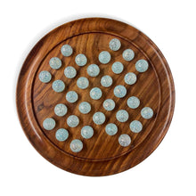 Load image into Gallery viewer, 30cm Diameter WOODEN SOLITAIRE BOARD GAME with SNOWFLAKE WHITE and AQUA GLASS MARBLES | |classic wooden solitaire game | strategy board game | family board game | games for one | board games
