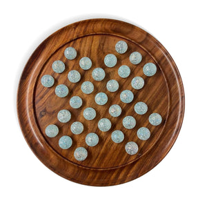 30cm Diameter WOODEN SOLITAIRE BOARD GAME with SNOWFLAKE WHITE and AQUA GLASS MARBLES | |classic wooden solitaire game | strategy board game | family board game | games for one | board games