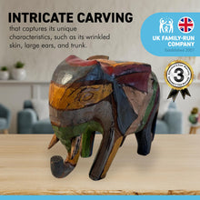 Load image into Gallery viewer, Rustic design WOODEN ELEPHANT ORNAMENT | FAIR TRADE  | 18cm (h) x 22cm (w) | carved elephant ornaments for home décor | perfect size for display
