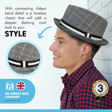 Load image into Gallery viewer, Grey Rude Boy Ska Pork pie Hat with contrasting ribbon band detail| Size L / XL approx. 59cm / 60cm | US size 7 ½ | 100% Polyester | Unisex pork pie hat | Fedora trilby pork pie style
