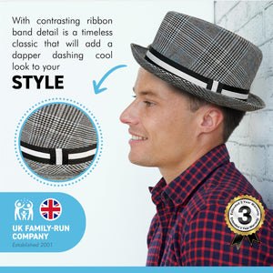 Grey Rude Boy Ska Pork pie Hat with contrasting ribbon band detail| Size L / XL approx. 59cm / 60cm | US size 7 ½ | 100% Polyester | Unisex pork pie hat | Fedora trilby pork pie style