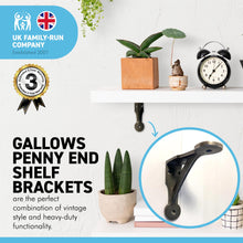 Load image into Gallery viewer, GALLOWS PENNY END SHELF BRACKET – 5 X 5 Inch Grey Cast Iron Heavy Duty Wall Brackets for Shelves | Grey Shelf Brackets | Vintage Wall Shelf brackets | Industrial Style Bracket
