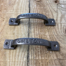 Load image into Gallery viewer, Two Cast iron antique square D Gin and Tonic table plate handle bar / home bar / home pub / pub shed / pub gift
