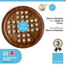 Load image into Gallery viewer, 30cm Diameter WOODEN SOLITAIRE BOARD GAME with GLASS Pan American WHITE MARBLES WITH MULTI COLOURED SWIRLS | classic wooden solitaire game | strategy board game | family board game | games for one
