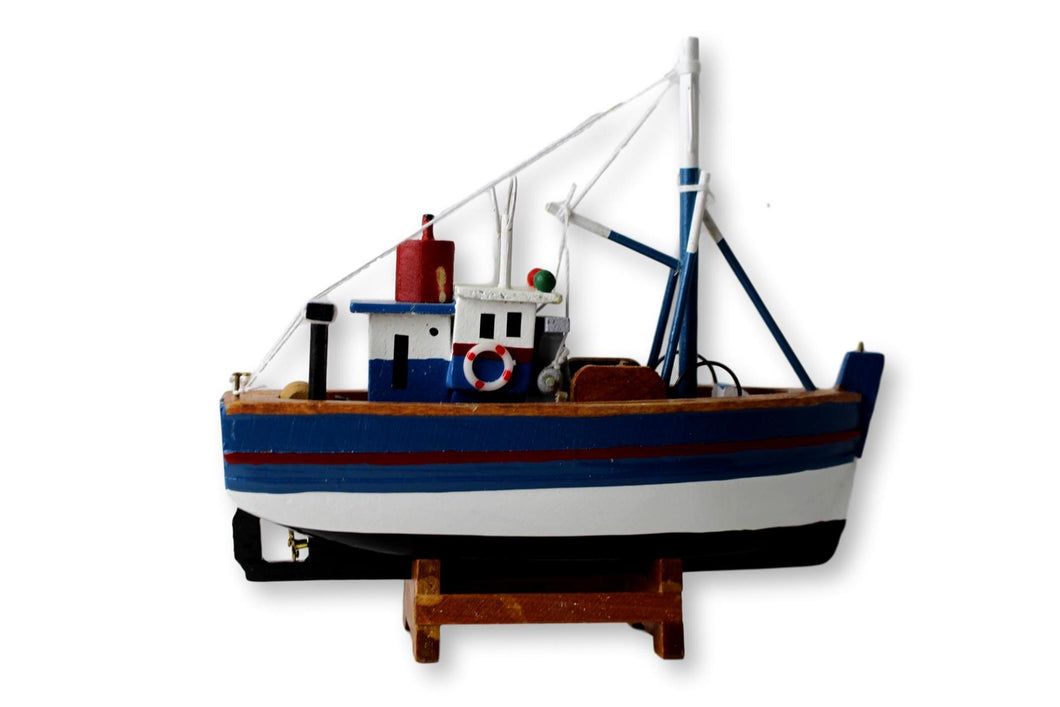 Wooden model Navy and White Hull fishing boat with realistic fishing finishing touches Ornament