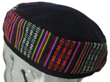Load image into Gallery viewer, Blue Tibetan Trim smoking / thinking / lounging cap with multicoloured  band Size Large
