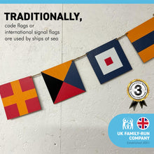 Load image into Gallery viewer, Wooden maritime signal flags bunting | Set of 12 flags 9cm x 9cm | Overall length 160cm | Naval Themed Decoration Pennant Banners for Home | Boat | Ship | Vessel | Birthday Indoor Outdoor Party
