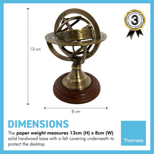 ARMILLARY SPHERE PAPERWEIGHT | NAUTICAL ORNAMENTAL PAPER WEIGHT | 13cm high | Revolving centre | Nautical gifts for desk | Machined brass mounted on hardwood |mantelpiece ornament