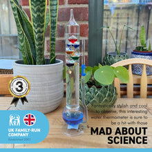 Load image into Gallery viewer, 33cm Tall GLASS GALILEO THERMOMETER with five coloured floating bauble globes | Centigrade and Fahrenheit display| Weather station | Barometer | Storm Glass | desk gadget
