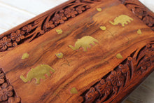 Load image into Gallery viewer, Flower Pattern Wooden Brass Elephants Treasure Chest Trinket Box
