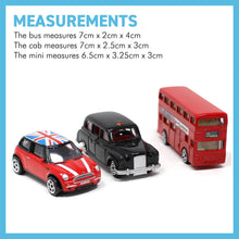 Load image into Gallery viewer, Three Piece Iconic London die cast toy car set includes Taxi, Red London double decker bus and BMW Mini / London souvenirs / Union Jack flag / Holiday gifts / British Gifts

